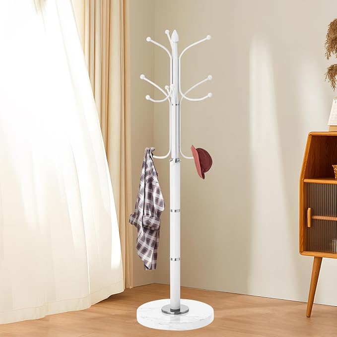 Metal Coat Rack Stand, Modern Freestanding Coat Rack with Natural Marble Base,White Coat Racks and Coat Hall Tree Hanger Stand with 12 Hooks for Entryway, Hallway, Office