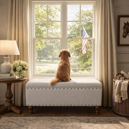 HomePop Large Storage Bench with Nailhead Trim -Gray Woven