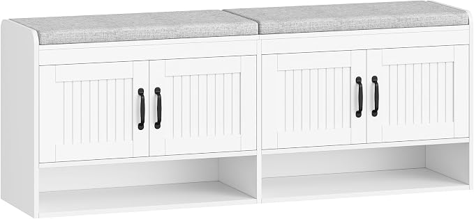 Hzuaneri 55.1" Shoe Storage Bench, 3 Tier Entryway Shoe Bench with Padded Cushion & 4 Doors & Adjustable Shelves, 18-21 Pairs of Bed End Benches, Modern Shoes Rack Benches for Bedroom, White SB41403GY