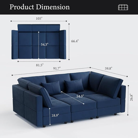 Vesgantti Sectional Sleeper Sofas with Storage, 92" Sofa Bed with 6 Seats Storage Chaises Removable Cover, Deep Seat Modular Couches Velvet Couch Set for Living Room, Apartment, Home Theater, Blue