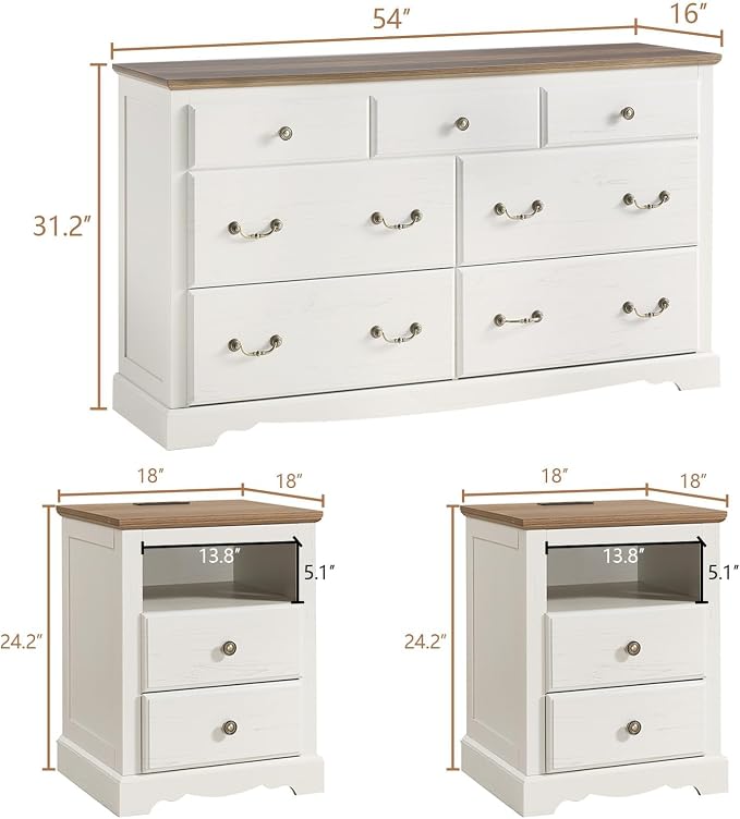 AMERLIFE Farmhouse 3 Pieces Bedroom Sets, Include 54" Wide 7 Drawers Dresser, Nightstand Set of 2 with Charging Station, Rustic Retro Bedroom Furniture Set, White