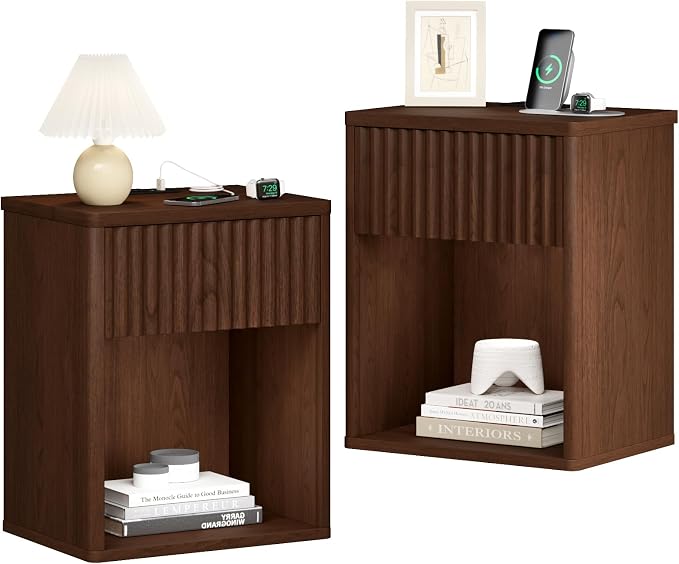 Fluted Nightstands Set of 2 w/Charging Station, Wooden End Table Bed Side Table with Curved Drawer, Mid Century Modern Fluted Night Stand with Rounded Edge for Bedroom, Living Room Sofa, Walnut