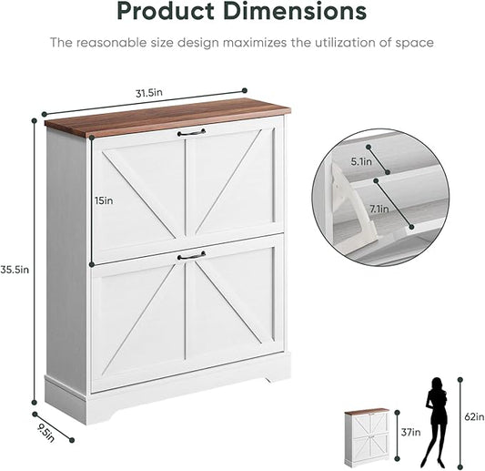 Smart FENDEE Shoe Cabinet, Shoe Storage Cabinet for Entryway with 2 Flip Drawers, Narrow Farmhouse Shoe Organizer Cabinet, Slim Shoe Rack Cabinet, White