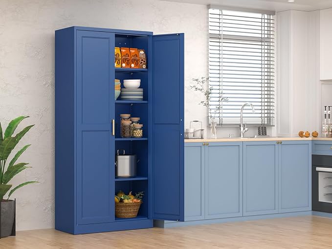 Polup Kitchen Pantry Cabinet, 71 Inch Tall Metal Pantry Cabinet with Doors and Adjustable Shelves, Freestanding Food Cupboard, Storage Cabinets for Dining, Living Room, Navy Blue, Assemble Required