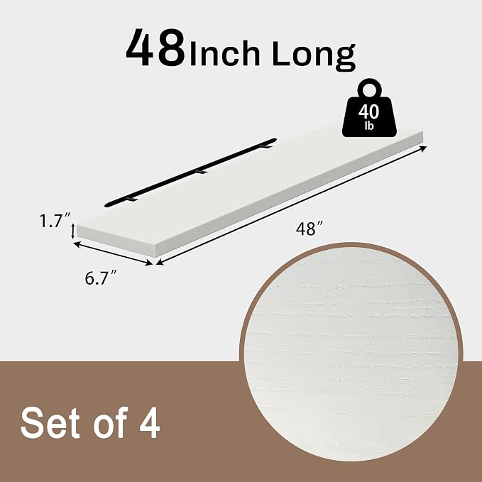 Floating Shelves for Wall, Set of 2 Solid Wood Wall Shelves, Heavy Duty Wall Mount Shelf for Living Room, Bedroom & Kitchen (White, 4T48IN)