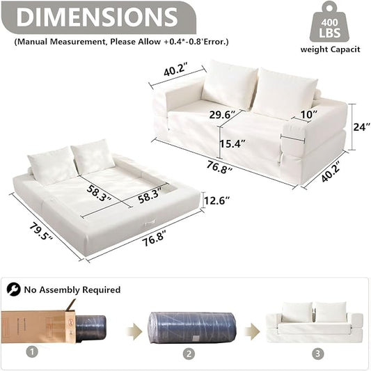 WHGBJA Oversized 79” Double Chaise Lounge Sofa Bed, Deep Seat Corduroy Cloud Loveseat Chair, No Assembly, Plush Upholstered Sleeper for Living Room or Bedroom (White)