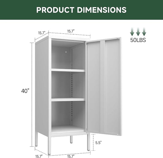Metal Storage Cabinet with 2 Adjustable Shelves Small Storage Cabinets with Door for Office Kitchen Bathroom Living Room Pantry Garage (White)