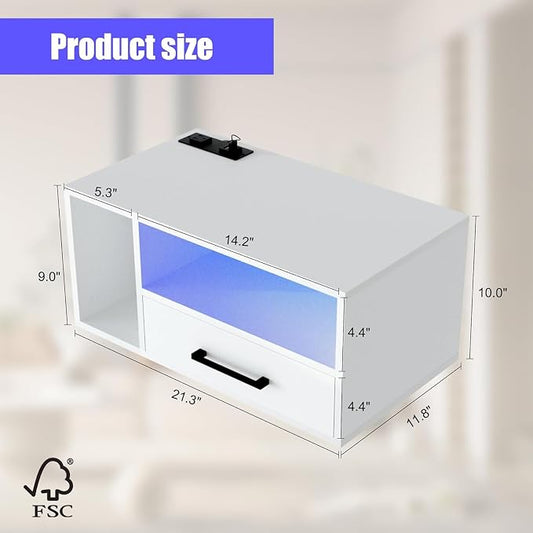 Homaterial Floating Nightstand with Charging Station and LED Lights, Floating Bedside Table with Drawers Wall Mounted Nightstands,for Bedroom Room, 21.3" x 11.8" x 10",White