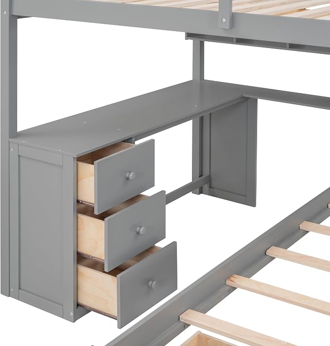 Merax Full Over Twin Bunk Bed with Desk,Drawers and Shelves,Full Size Loft Bed Frame with Stairs Storage and Drawers,Gray