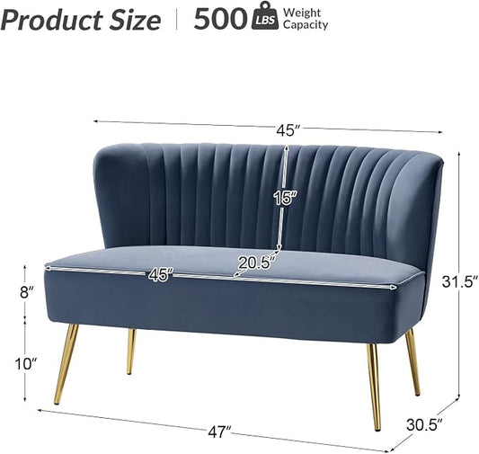 TINA'S HOME Mid-Century Velvet Loveseat Sofa, Upholstered Loveseat Couch with Golden Metal Legs, Small Tufted 2-Seat Sofa Armless Love Seat for Living Room Bedroom, Slate Blue