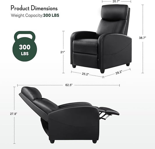 Recliner Chair, Recliner Sofa PU Leather for Adults, Recliners Home Theater Seating with Lumbar Support, Reclining Sofa Chair for Living Room, Black