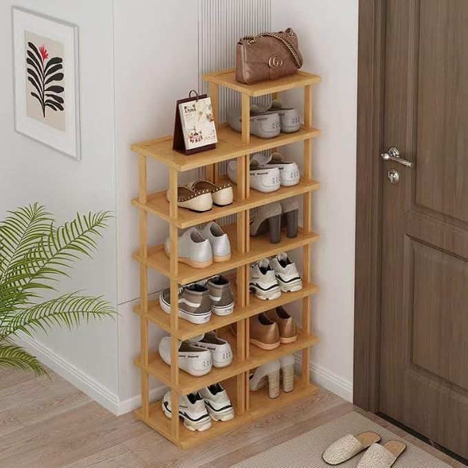 SAN HE Bamboo Shoe Rack 5Tier- Vertical Shoe Rack for Small Spaces, Tall Narrow Shoe Rack Organizer for Closet Entryway Corner Garage and Bedroom,Skinny Shoe Shelf with Free Stackable DIY