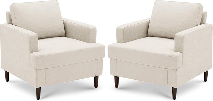 Weture Mid-Century Accent Chair,Modern Linen Fabric Armchair for Living Room,Comfy Upholstered Reading Accent Chairs for Bedroom,Single Sofa Chair with Wood Legs (Beige, 1 Pack)
