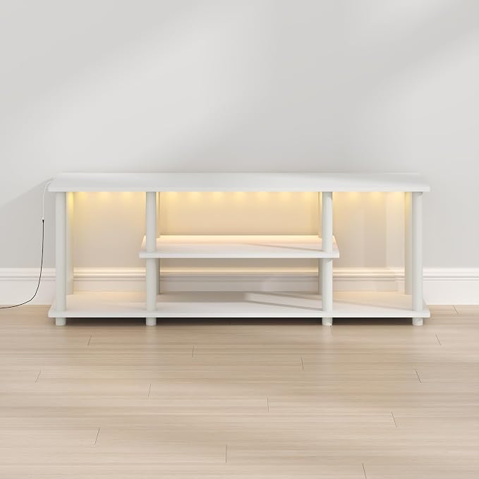 Furinno Turn-N-Tube TV Stand with LED Lights, 3-Tier No Tools 3D Entertainment Center, TV Console for TV up to 50 Inch, for Living Room, Bedroom, White