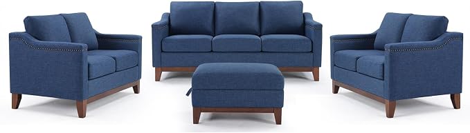 HAOMARKETS 4 Piece Fabric Sofa Set with Nailhead Trim, Included Upholstered Loveseat 2-Seater Sofa Set of 2, 3 Seater Couch and Storage Ottoman with Flip-Top Table, Living Room Furniture Set, Blue