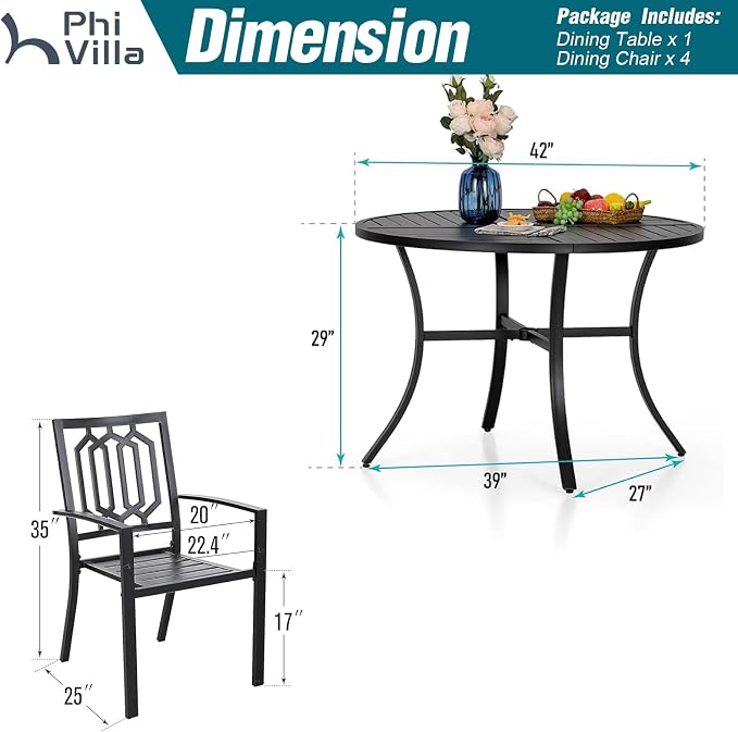 PHI VILLA 5 Pieces Outdoor Round Dining Set for 4, Wrought Iron Circle Table with Umbrella Hole & Stacking Metal Chairs, Modern Furniture Set for Patio, Deck, Backyard, Porch