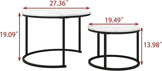 HOJINLINERO Round Coffee Table,Nesting Coffee Table Set of 2,Center Tables for Living Room,Office, Home Small Space,Stacking Side Tables,Sturdy and Easy Assembly,Wood Desktop,Black+White,Large