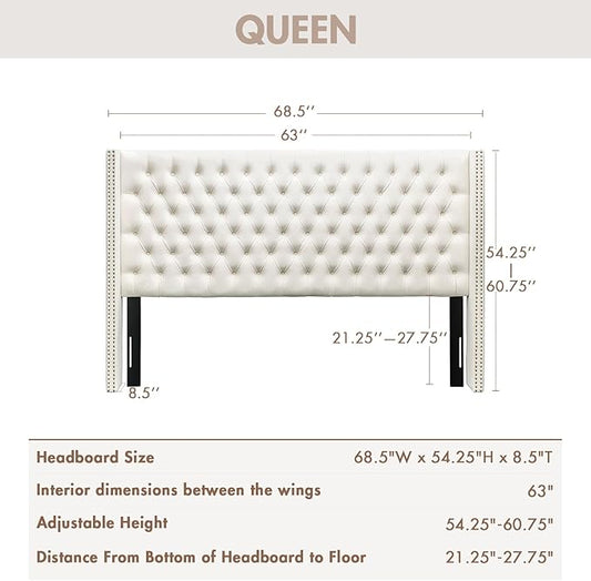 Madison Park Queen Wingback Upholstered Tufted Headboard, Featuring High-Density Sponge Padding, Adjustable Height Headboard, Easy Assembly, Beige Velvet