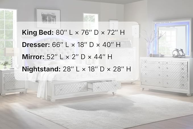 First of a Kind Shiney Contemporary 4 Piece King Bedroom Set High Gloss Silver Finish with Upholstered Headboard, Sleek Modern Bedroom Furniture Set for Coordinated Interiors