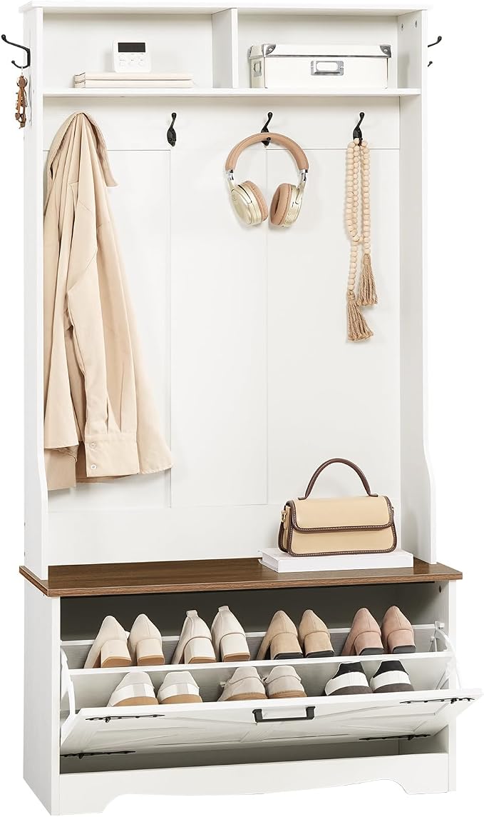 HOOBRO Hall Tree with Bench, Entryway Bench with Coat Rack and Shoe Cabinet, Flip Drawers, Farmhouse Hall Tree with Shoe Organizer, Mud Room, White and Walnut WH85MT01