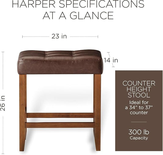 Carte: A La Carte Home Harper 26 Inch Tall Counter Height Backless Stool in True Walnut Wood Finish with Distressed Brown Vegan Leather Seat, Set of 2
