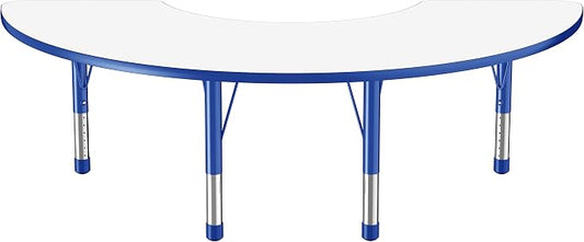 FDP Dry-Erase Half Moon Activity School and Classroom Kids Table (36 x 72 inch), Chunky Toddler Legs for Collaborative Spaces, Adjustable Height 15-24 inches - Whiteboard Top, Blue Edge and Legs
