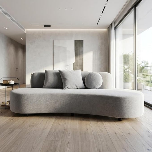 Container Furniture Direct 90" Curved Sofa with Throw Pillows, 4 Seater Luxury Velvet Couch with Half Moon Design and High-Density Foam, Ideal for Modern Living Room, Office & Apartment, Grey