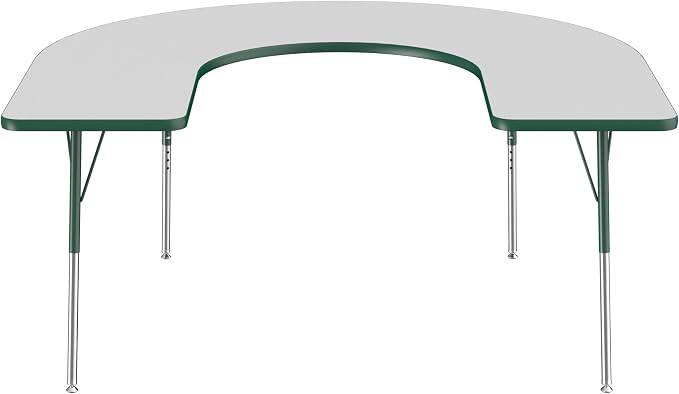 FDP Horseshoe Activity School and Office Table (60 x 66 inch), Standard Legs with Swivel Glides for Collaborative Seating Environments, Adjustable Height 19-30 inches - Gray Top and Green Edge