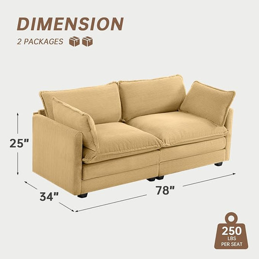 ROWHY 78'' Sectional 2 Seat Cloud Loveseat with 2 Throw Pillows, Modern Corduroy Love Seat, Convertible Cozy Sofa for Living Room, Bedroom and Office, Yellow