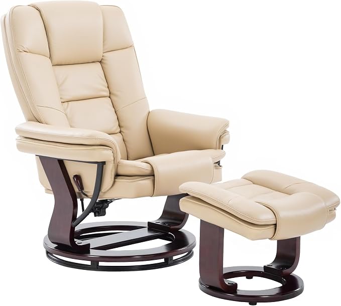 Argus Swivel Recliner with Ottoman, PU Leather & Wood Base Reclining Chair with Footrest, Ultra-Plush Double Foam for Living Room, Bedroom and Office, Set of 1