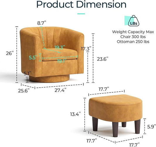 LINSY Swivel Accent Chair with Ottoman: Small Velvet Barrel Chair 360 Swivel Modern Armchair, Upholstered Reading Chair with Footrest for Living Room Bedroom Study Room (Yellow)