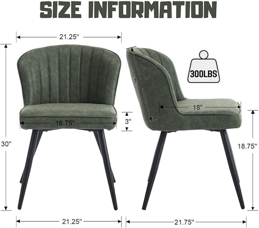 ROCITY Modern Upholstered Dining Chairs Set of 2 Green Leather Dining Room Chairs Armless Kitchen Chair with Black Metal Legs
