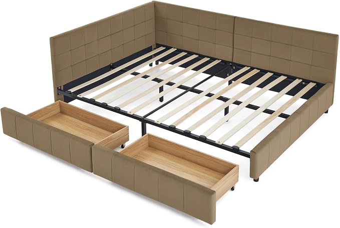 KEIKI Full Size L Shape Corner Bed Frames with 2 Storage Drawer, Backrest and Armrests, Velvet Upholstered Sofa Daybed for Small Room, Living Room, Bedroom, Guest Room, Kids' Room