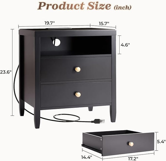 Huuger Black Nightstand Set of 2, Night Stand with Charger Station, Bedside Table with 2 Drawers, Bed Side Tables for Bedroom, Modern Nightstands, Metal Knobs, Painted Surface