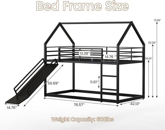 Twin Over Twin Bunk Bed with Slide 40° Gentle-Slope & LED Light, House-Shaped Low Bunk Bed Twin Size with 13.4" Extra-Tall Guardrail & Ladder, Heavy Duty, No Box Spring Needed, Easy Assembly, Black