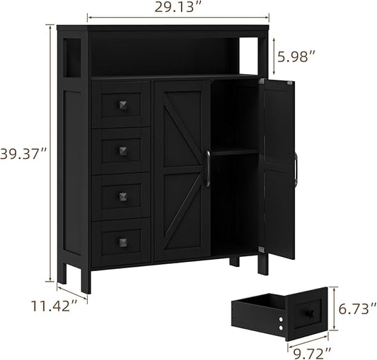 Vabches Farmhouse Storage Cabinet with 2 Doors and 4 Drawers, Freestanding Bathroom Compartment Kitchen Pantry Cabinet, Floor Cupboard for Kitchen/Living Room/Bathroom,Pure Black