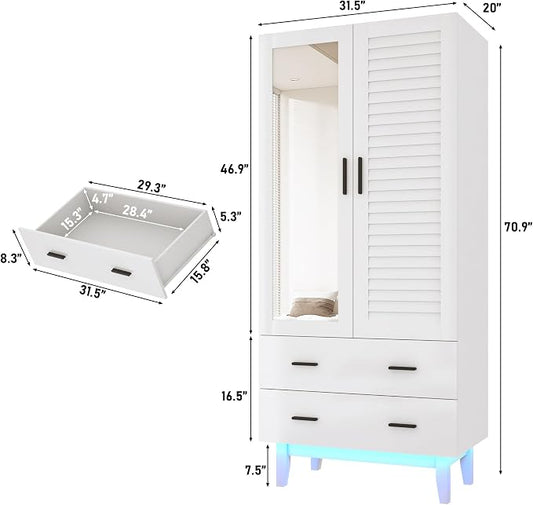 Hlivelood 2 Door Armoire Wardrobe Closet Cabinet with Mirror, Drawers and LED Lights, Multi-Tier Shelves, Hanging Rod & 2 Louver Doors, Large Capacity Storage Wardrobe Armoire for Bedroom, White
