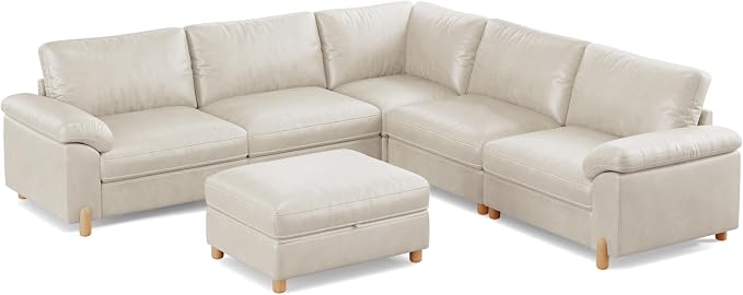 SITJOY Large Cloud Couch, 106" Wide 5 Seater V Shape, Faux Leather in White | Pet-Friendly Scratch-Resistant Leather Sectional Sofas for Living Room, Deep Seat Wide Couch with Chaise, Storage Ottoman