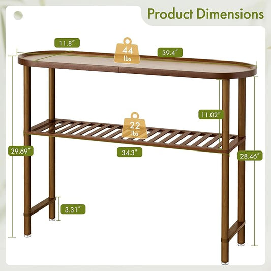 Farmhouse Entryway Table Bamboo 39.4", Narrow Console Table Oval Top, Behind Sofa Table with Anti-fall Edge, TV Stand for Living Room, Indoor Outdoor Plant Stand, 5min Easy Assembly, Dark Walnut