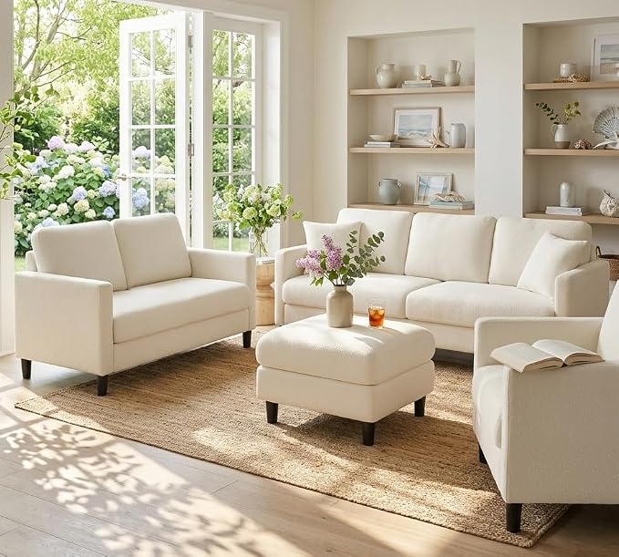 Welzona 83" Couches for Living Room, Teddy Sofa Couch, Comfy Sofas for Living Room, Tool-Free Setup Loveseat Sofa, All-Wood Love Seat Couches, Small Couch with 2 Pillows, Beige White