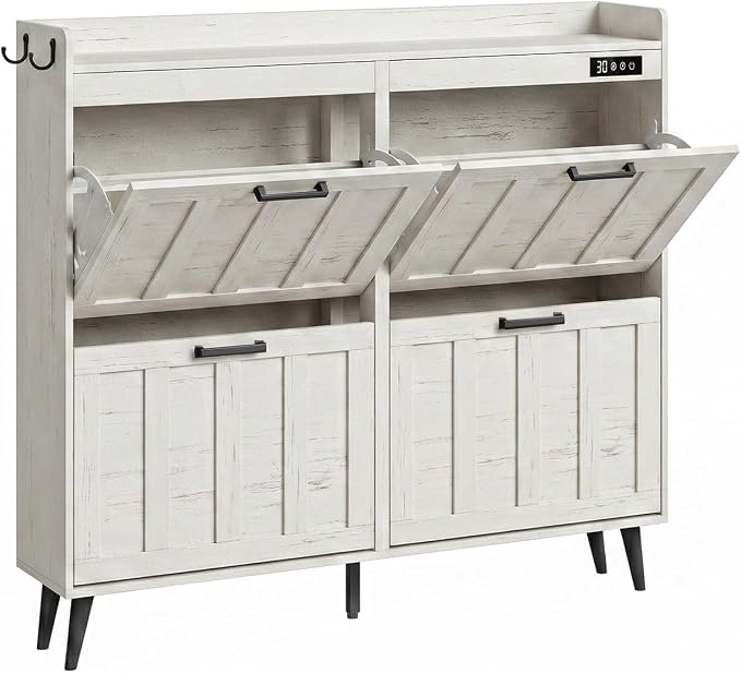 ChooChoo Shoe Storage Cabinet with 4 Flip Drawers, Deodorizing Shoe Organizer Storage for Entryway, Freestanding Hidden Slim Narrow Shoe Rack Cabinet, Antique White