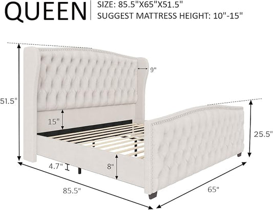 AMERLIFE Queen Size Platform Bed Frame, Velvet Upholstered Bed with Deep Button Tufted & Nailhead Trim Wingback Headboard/No Box Spring Needed/Cream