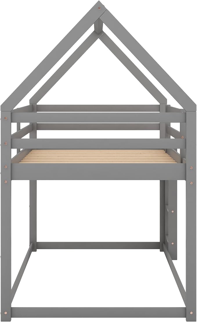 Merax Wood Montessori Bunk Bed with Ladder Twin Over Twin, Low Bunk Bed for Boys, Girls Space-Saving,No Box Spring Needed Gray
