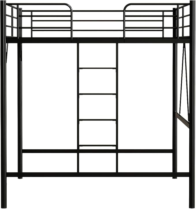 VINGLI Queen Loft Bed with Flat Rungs for Adults, Kids and Young Teens, No Box Spring Required,Heavy Duty Metal Slat Support, Black