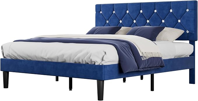 VECELO Queen Size Bed Frame, Upholstered Platform with Adjustable Diamond Tufted Headboard, Wood Slat Support, No Box Spring Needed, Navy Blue