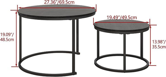 HOJINLINERO Round Coffee Table,Nesting Coffee Table Set of 2,Center Tables for Living Room,Office, Home Small Space,Stacking Side Tables,Sturdy and Easy Assembly,Wood Desktop,Black,Large