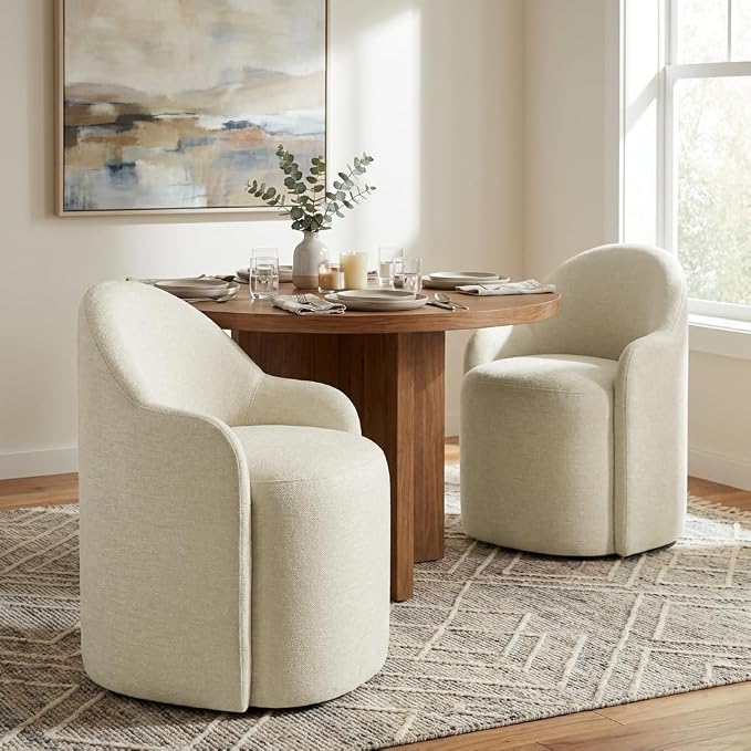 KISLOT Upholstered Dining Chairs with Casters, No Assembly Modern Dining Room Chairs Accent Vanity Chair with 5 Wheels & Round Backrest for Bedroom, Living Room, Dressing, Sand Fabric, Set of 4