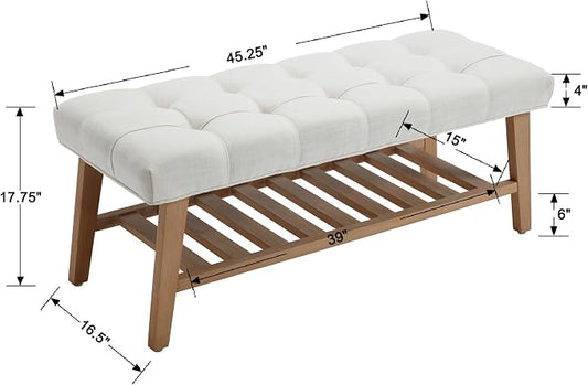 Kmax Entryway Bench with Shoe Storage, Upholstered Wood Storage Bench for Living Room Window Bench for Bedroom End of Bed - Linen, Beige