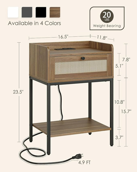 Masupu Nightstand with Charging Station, Modern Bedside Table Night Stand with Storage Drawer and Shelf,Small End Side Table for Bedroom,Living Room,Walnut Brown