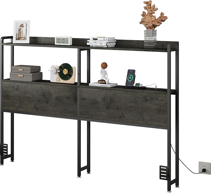 METYERRY Headboard for Queen Size Bed Frame with Storage, Height Adjustable, Headboards with Outlets, USB Ports, Type-C, LED Light, Sturdy and Stable Headboard, Black Oak,Bed Frame NOT Included
